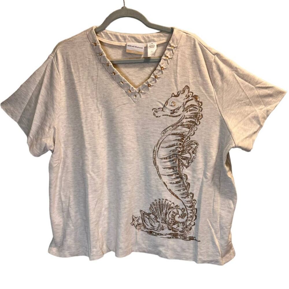 Alfred Dunner Beaded V-Neck Seahorse Top Plus Size 3X Cream Cotton Blend